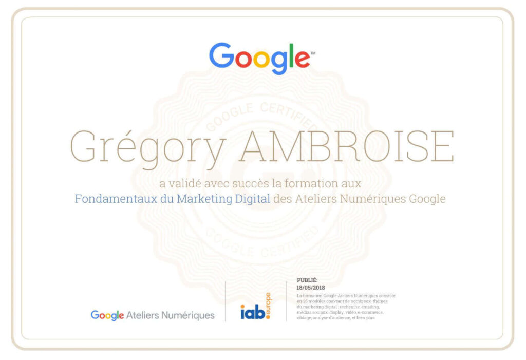 Certification Google Marketing Digital de Grégory Ambroise