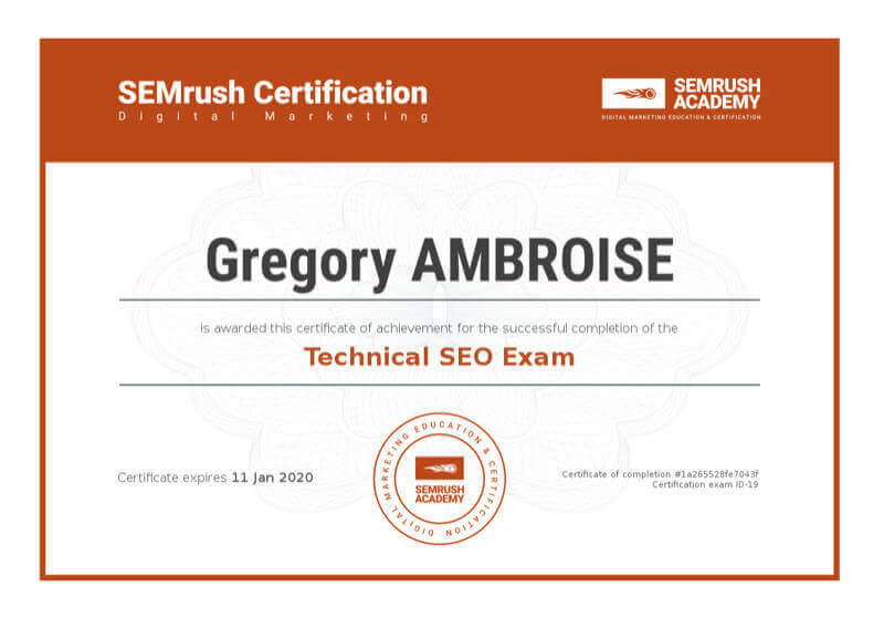 Certification Semrush Technical SEO Exam de Grégory Ambroise