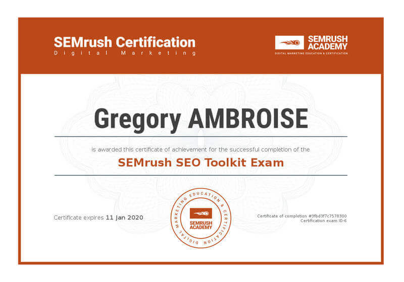 Certification Semrush SEO Toolkit Exam de Grégory Ambroise